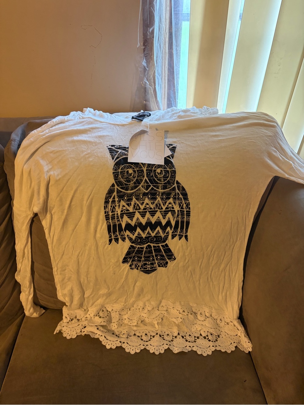 Miss Chievous Cream Long-Sleeve Top with Black Owl Graphic and Lace Hem